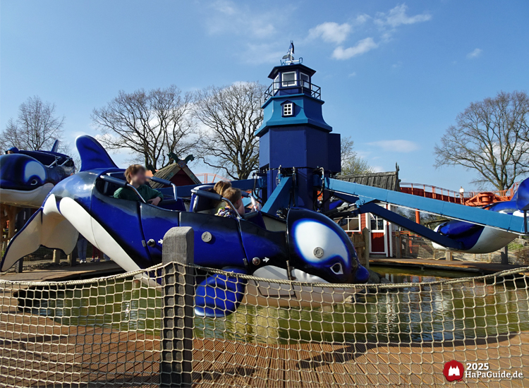 Flying Orcas - Seitenansicht Wal vor blauem Leuchtturm