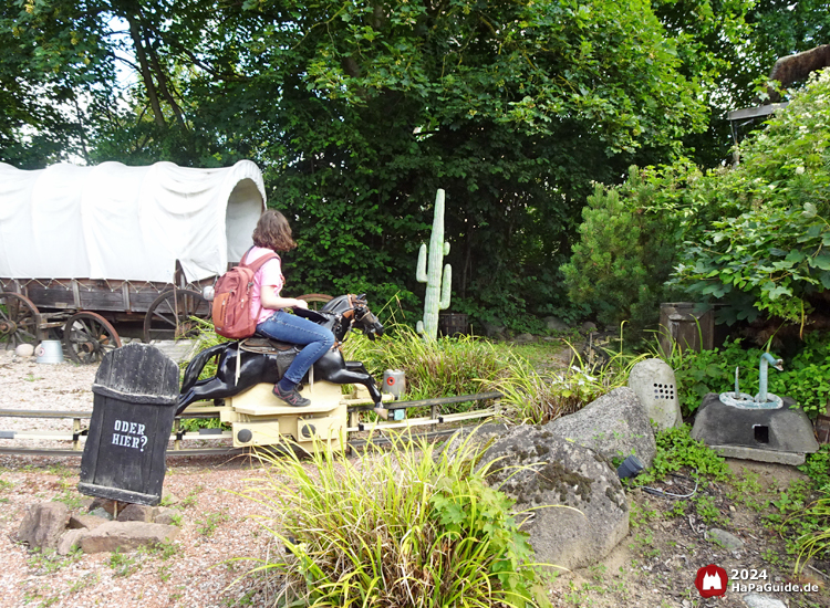 Pony Post - Pferd reitet an Planwagen vorbei